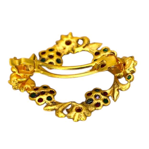 JWELLA Gold-Plated Antique Hair Clip with Pink & Green Stones & Drops Bridal & Festive Accessory (Design 8) - Image 5