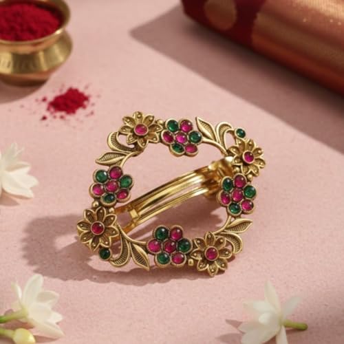 JWELLA Gold-Plated Antique Hair Clip with Pink & Green Stones & Drops Bridal & Festive Accessory (Design 8) - Image 3