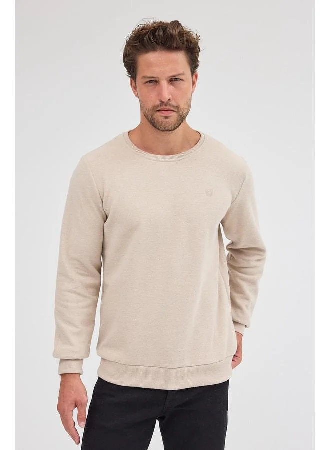 mmetalic Men’s Beige Standard Fit Regular Cut Cotton Basic Crew Neck Sweatshirt.