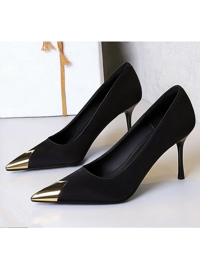 بيج تري المرأة المعدنية مغلقة أشارت إصبع القدم كعب عالي الساتين مضخات الحزب الأسود 8.5CM - Image 1