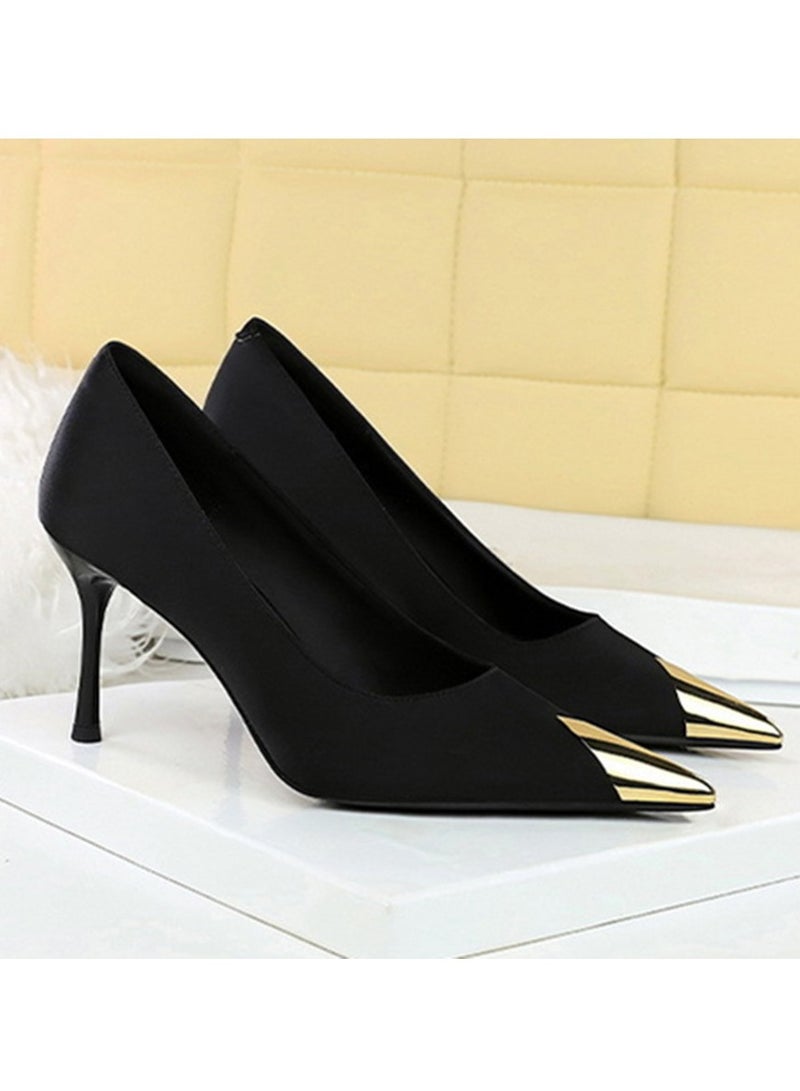 بيج تري المرأة المعدنية مغلقة أشارت إصبع القدم كعب عالي الساتين مضخات الحزب الأسود 8.5CM - Image 2