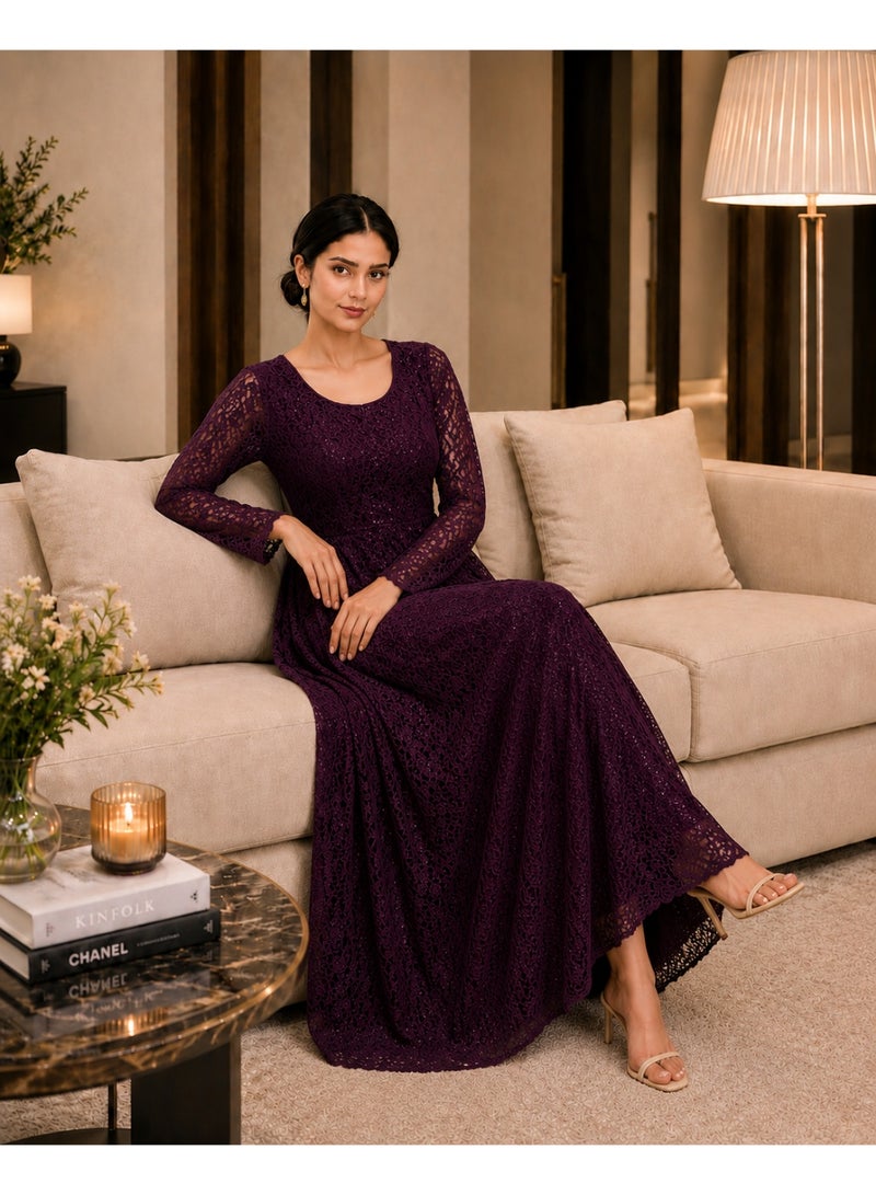 HONO Women's Lace A-Line Maxi Dress Elegant Long Sleeve Round Neck Evening Occasion Purple - Image 2