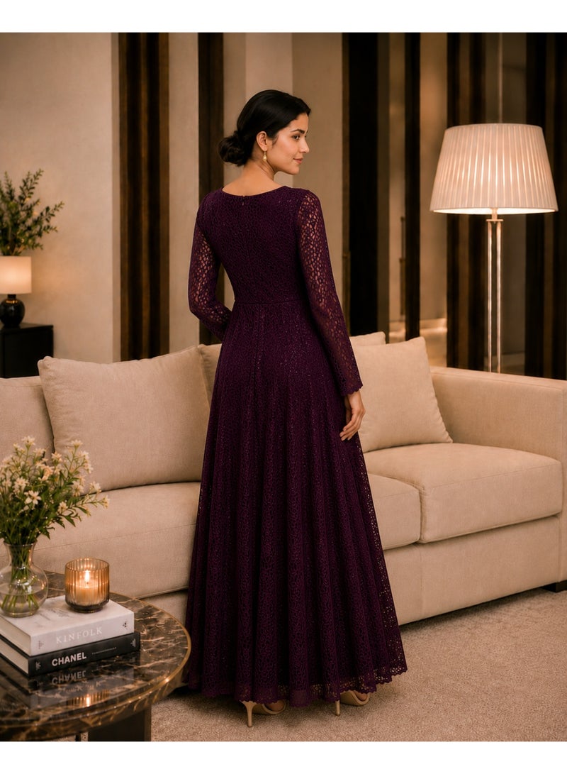 HONO Women's Lace A-Line Maxi Dress Elegant Long Sleeve Round Neck Evening Occasion Purple - Image 4