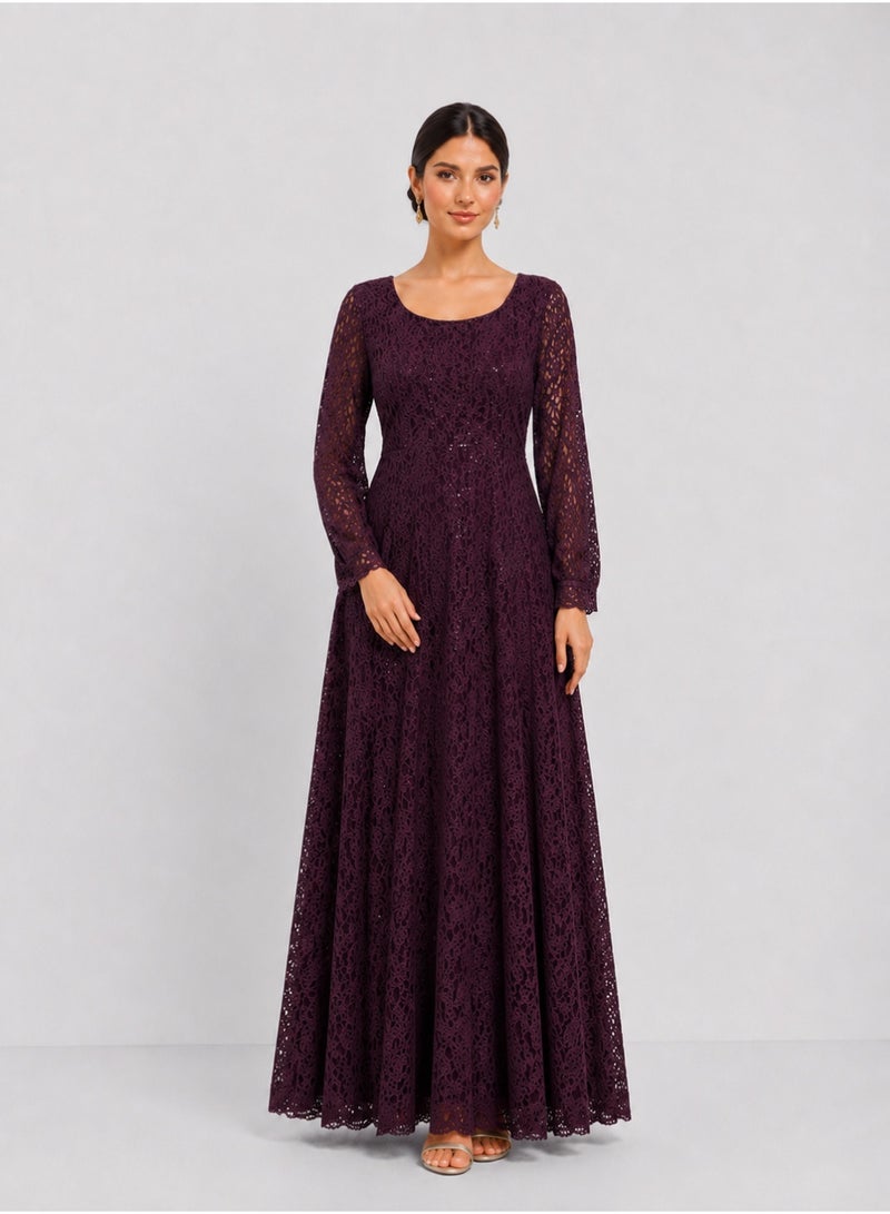 HONO Women's Lace A-Line Maxi Dress Elegant Long Sleeve Round Neck Evening Occasion Purple - Image 1