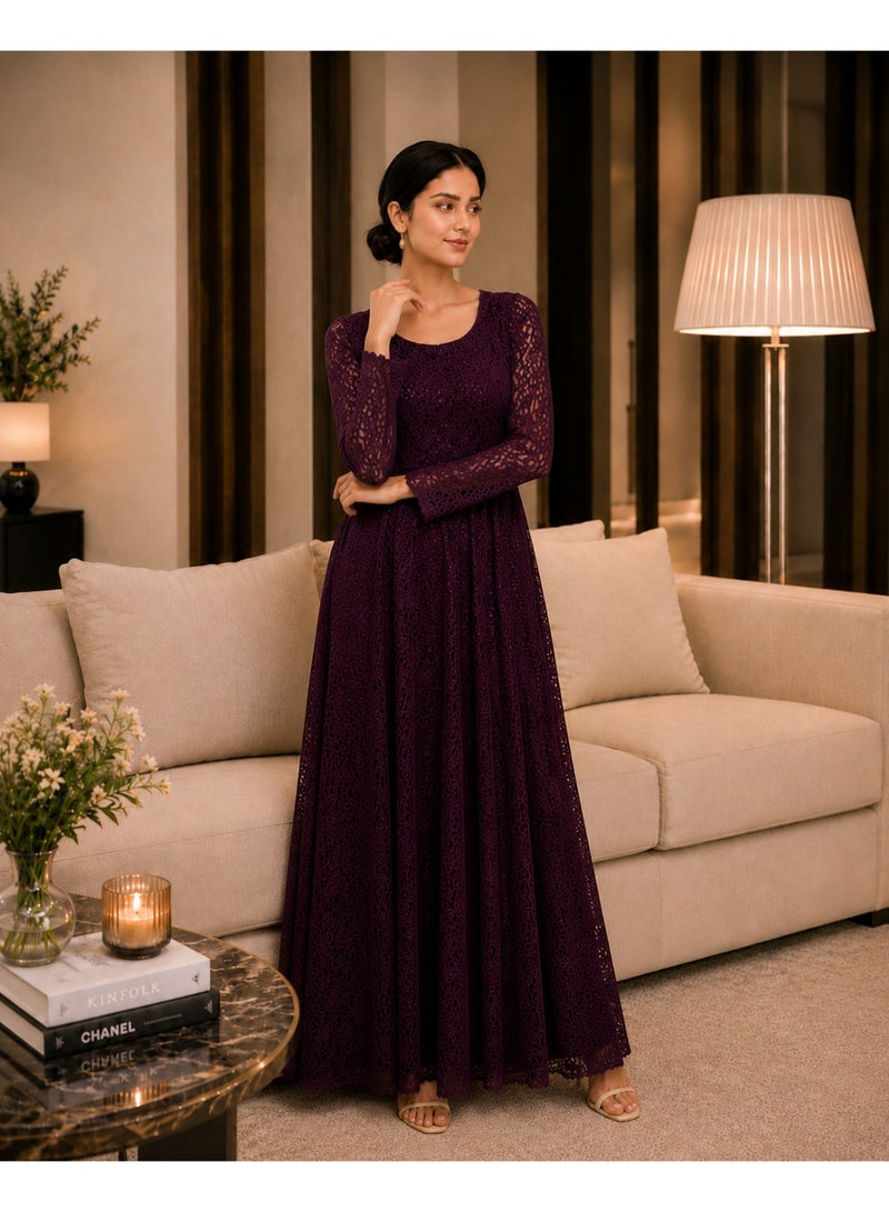 HONO Women's Lace A-Line Maxi Dress Elegant Long Sleeve Round Neck Evening Occasion Purple - Image 3