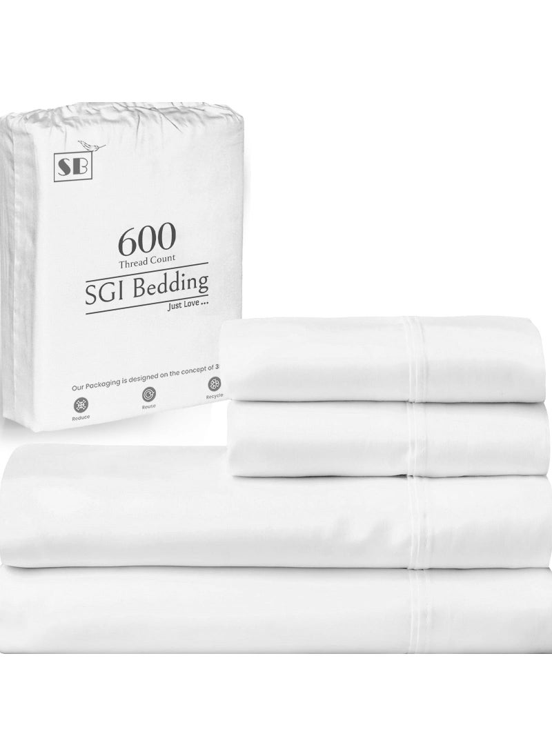 SGI bedding SGI bedding 600 Thread Count 4 Piece 100% Egyptian Cotton Twin Size Sheets Set for Boys and Girls  15"" Deep Pocket Sheet Set  Premium  Breathable  Soft and Hotel-Quality Luxury Kids Sheets - White  - Image 1