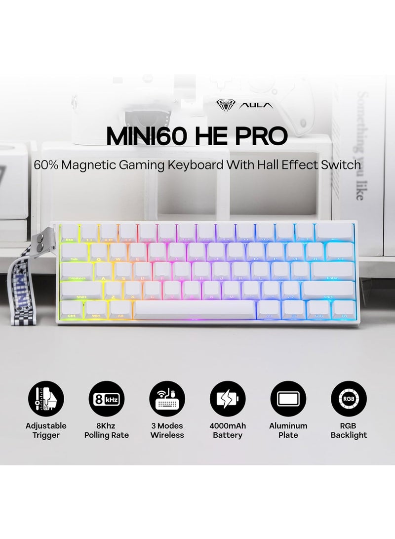 AULA لوحة مفاتيح الألعاب اللاسلكية MINI60 HE Pro بتأثير هول 60% 61 مفتاح مع معدل استجابة 8KHz وزر سريع ونقطة تشغيل قابلة للتعديل وبطارية 4000mAh وموصل ثلاثي الوضعيات بلوتوث / 2.4GHz / USB-C مع إضاءة خلفية RGB وأغطية مفاتيح PBT مخصصة مغناطيسياً للكمبيوتر الشخصي وماك - Image 2