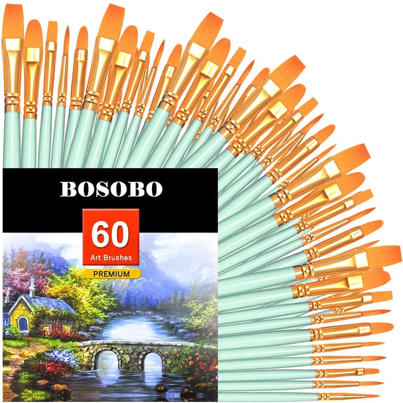 BOSOBO Paint Brushes Set 6 Pack 60 Pcs Round Pointed Tip Paintbrushes Nylon Hair Artist Acrylic Paint Brushes for Acrylic Oil Watercolor Face Nail Art Miniature Detailing Rock Painting Green