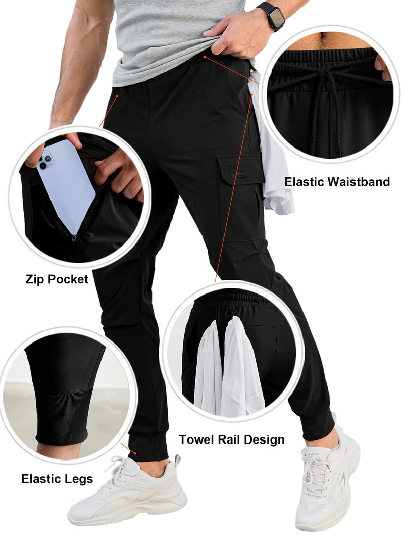 Comdecevis Men's Cargo Jogger Pants Stretch Sweatpants Slim Fit Tactical Pants with Zipper Pockets Casual Trousers Black Small - Image 2