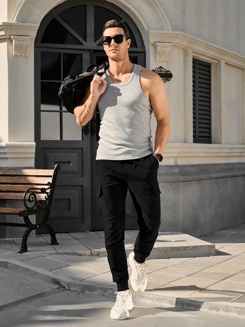 Comdecevis Men's Cargo Jogger Pants Stretch Sweatpants Slim Fit Tactical Pants with Zipper Pockets Casual Trousers Black Small - Image 4