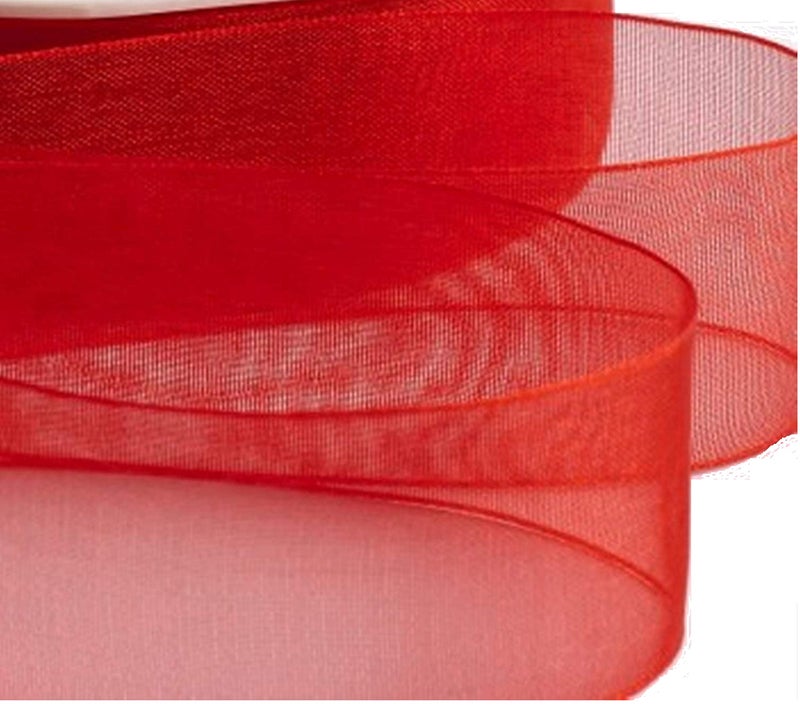 شريط أورغنزا 10 مم أحمر 50 ياردة 45 متر لفات مثالي لتغليف الهدايا وخياطة زينة الحفلات والمناسبات وفساتين الزفاف وعيد الميلاد والحرف والأقواس والسيارات والزهور والبالونات وبوكيهات DIY والكعك