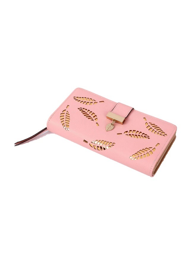 Women's Long Wallet with Hollow Leaf Design,Leather Clutch Purse with Zipper Closure, Gold Metal Accents(pink) - Image 1
