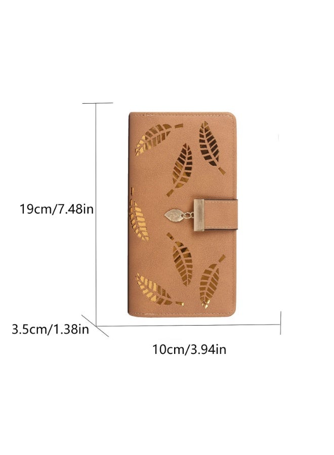 Women's Long Wallet with Hollow Leaf Design,Leather Clutch Purse with Zipper Closure, Gold Metal Accents(pink) - Image 4