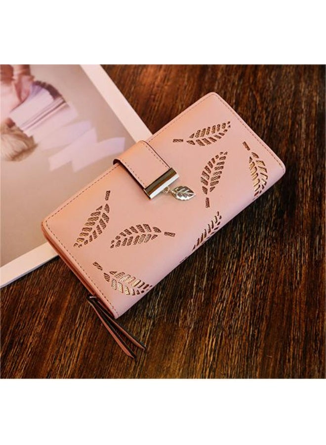 Women's Long Wallet with Hollow Leaf Design,Leather Clutch Purse with Zipper Closure, Gold Metal Accents(pink) - Image 2