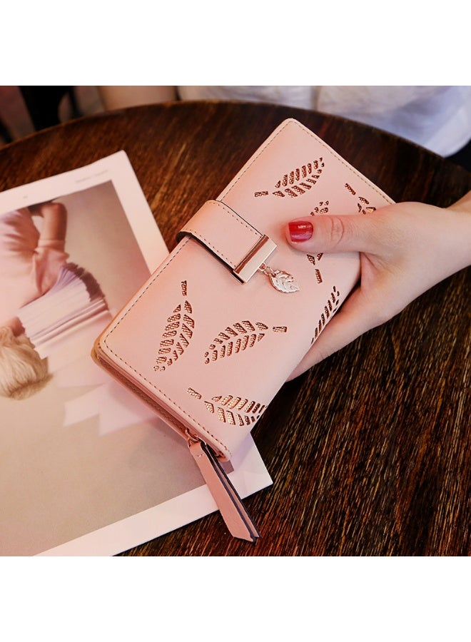 Women's Long Wallet with Hollow Leaf Design,Leather Clutch Purse with Zipper Closure, Gold Metal Accents(pink) - Image 3