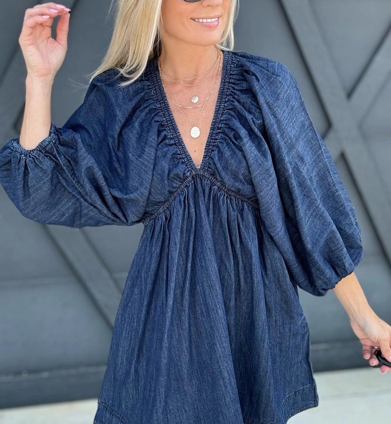 yoeasy Women's V Neck Denim Dress Casual Puff Sleeve Swing Ruffle Flowy A Line Mini Jean Babydoll Dress (Medium, Dark Blue) - Image 5