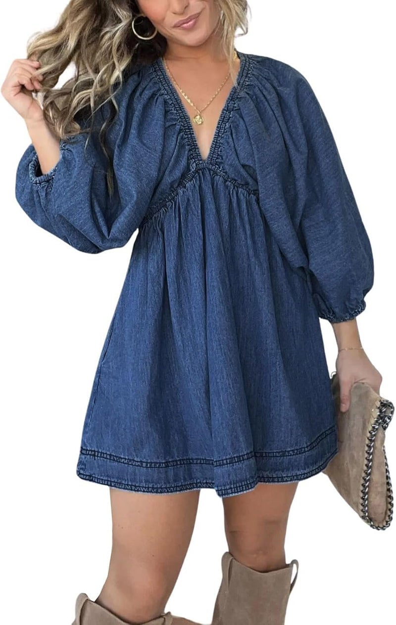 yoeasy Women's V Neck Denim Dress Casual Puff Sleeve Swing Ruffle Flowy A Line Mini Jean Babydoll Dress (Medium, Dark Blue) - Image 1
