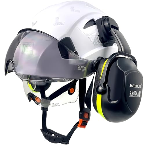SAFEBUILDER Safety Hard Hats with Visor Hearing Protection 4 in 1 Safety Helmet Lightweight Adjustable Breathable 6-Point Suspension Head Protection ANSI Z89.1 Approved (White+CSV+B&G 07 Ear Muffs) - Image 1