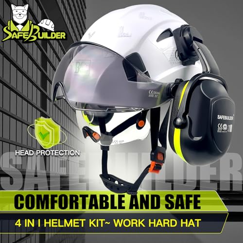 SAFEBUILDER Safety Hard Hats with Visor Hearing Protection 4 in 1 Safety Helmet Lightweight Adjustable Breathable 6-Point Suspension Head Protection ANSI Z89.1 Approved (White+CSV+B&G 07 Ear Muffs) - Image 3