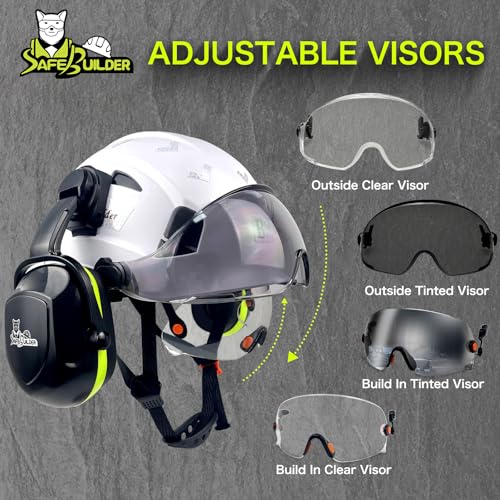 SAFEBUILDER Safety Hard Hats with Visor Hearing Protection 4 in 1 Safety Helmet Lightweight Adjustable Breathable 6-Point Suspension Head Protection ANSI Z89.1 Approved (White+CSV+B&G 07 Ear Muffs) - Image 5