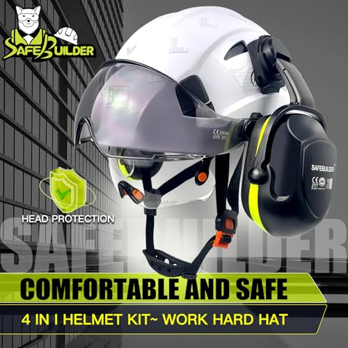 SAFEBUILDER Safety Hard Hats with Visor Hearing Protection 4 in 1 Safety Helmet Lightweight Adjustable Breathable 6-Point Suspension Head Protection ANSI Z89.1 Approved (White+CSV+B&G 07 Ear Muffs) - Image 2
