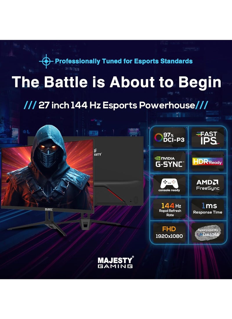 Majesty Majesty 𝟐𝟕 Inch FHD 1920x1080 Gaming Monitor, HDR, 100% sRGB, G-SYNC, IPS, 144Hz, 1ms, On-Board Speakers, DisplayPort HDMI, VESA  - Image 2