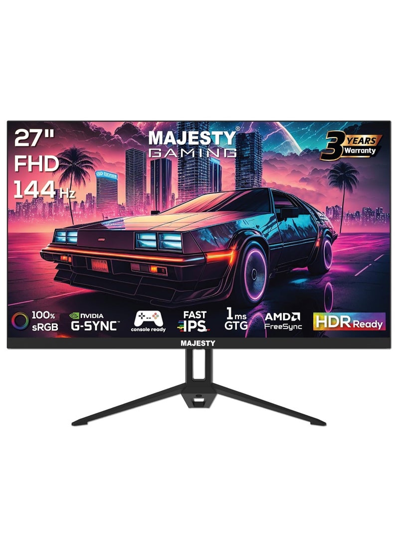 Majesty Majesty 𝟐𝟕 Inch FHD 1920x1080 Gaming Monitor, HDR, 100% sRGB, G-SYNC, IPS, 144Hz, 1ms, On-Board Speakers, DisplayPort HDMI, VESA  - Image 1