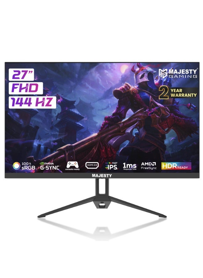 Majesty 27" FHD 1920x1080 Gaming Monitor | IPS | 144Hz | 1ms | HDR | 100% sRGB | G-SYNC & FreeSync | Built-in Speakers | DisplayPort & HDMI | VESA - Image 1