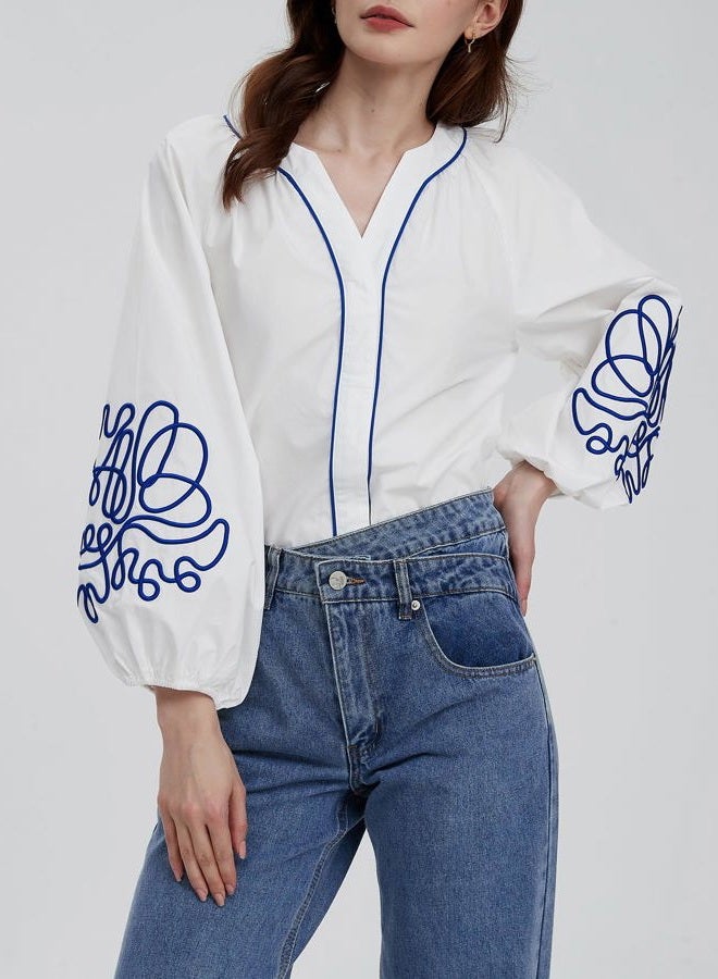 Kedera Women's Casual Floral Embroidered V Neck Blouses Boho Long Balloon Sleeve Mexican Shirts Loose Summer Fall Tops 2025, White, L - Image 5