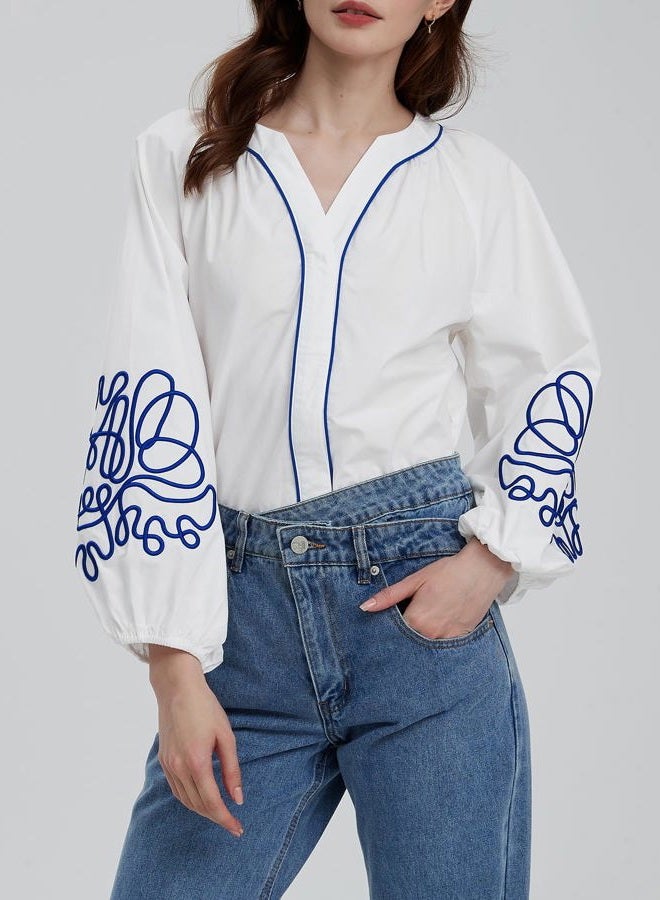 Kedera Women's Casual Floral Embroidered V Neck Blouses Boho Long Balloon Sleeve Mexican Shirts Loose Summer Fall Tops 2025, White, L - Image 4