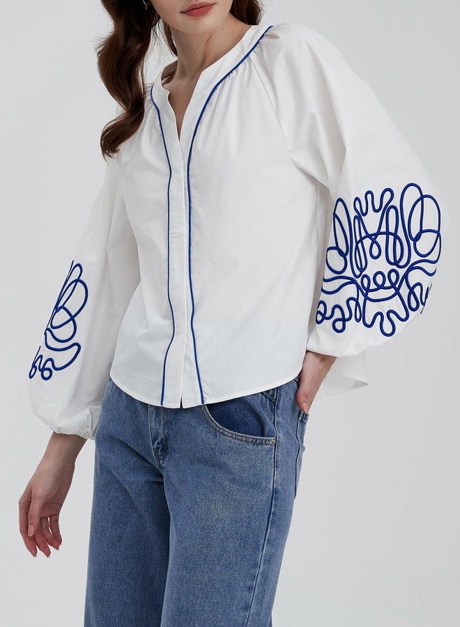 Kedera Women's Casual Floral Embroidered V Neck Blouses Boho Long Balloon Sleeve Mexican Shirts Loose Summer Fall Tops 2025, White, L - Image 3
