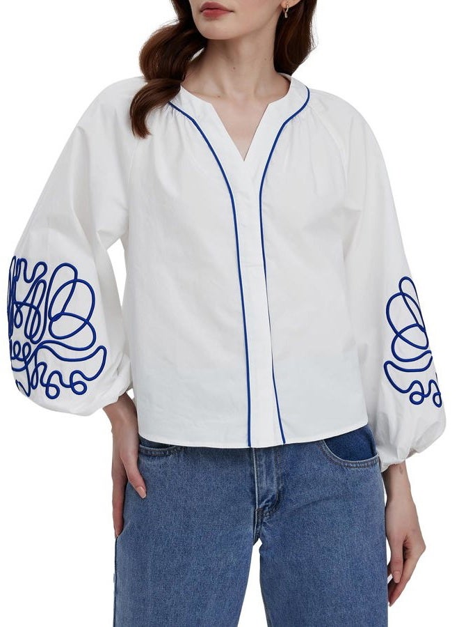 Kedera Women's Casual Floral Embroidered V Neck Blouses Boho Long Balloon Sleeve Mexican Shirts Loose Summer Fall Tops 2025, White, L - Image 1