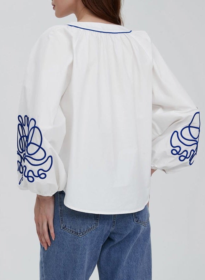 Kedera Women's Casual Floral Embroidered V Neck Blouses Boho Long Balloon Sleeve Mexican Shirts Loose Summer Fall Tops 2025, White, L - Image 2
