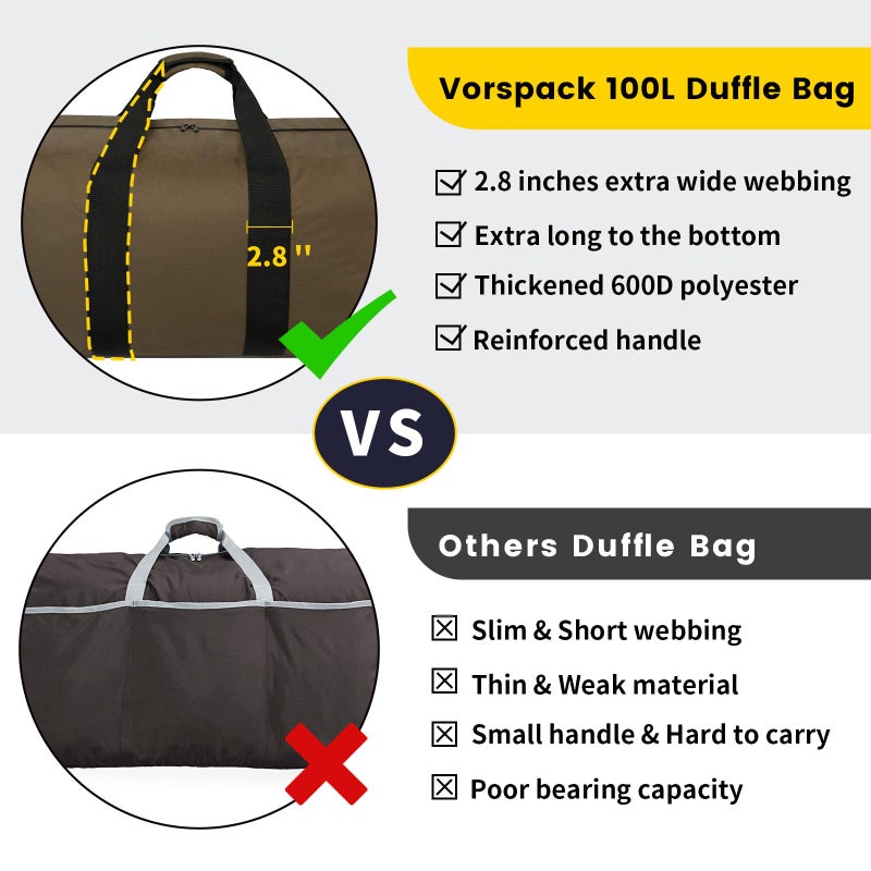 Vorspack Extra Large Duffle Bag for Travel - 100L Duffel Bag for Men Gear Bag for Storage Foldable Weekender Bag for Overnight Camping - Khaki - Image 3