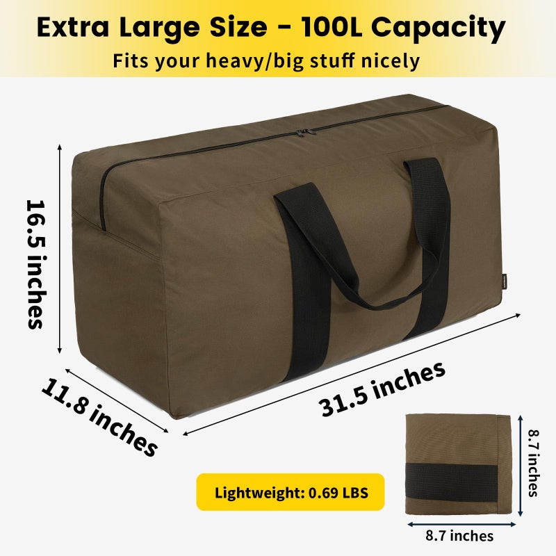 Vorspack Extra Large Duffle Bag for Travel - 100L Duffel Bag for Men Gear Bag for Storage Foldable Weekender Bag for Overnight Camping - Khaki - Image 2