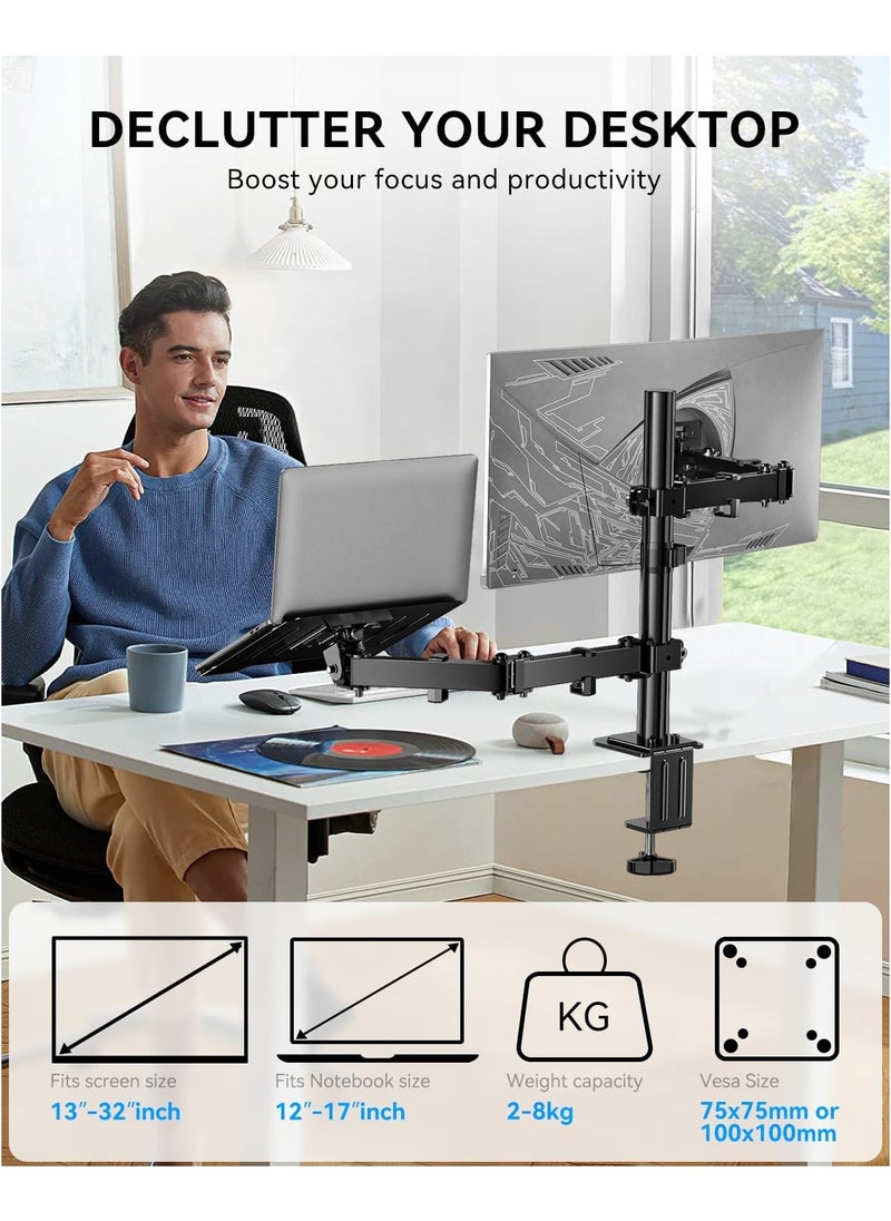 Dual Monitor Arm with Laptop Tray - Dual Monitor Stand with Laptop Holder, Dual Vesa Mount Laptop Arm, Dual Screen Mount for 13-32", 2 Vesa Stand Up to 8Kg for Gaming & Office  - Image 2