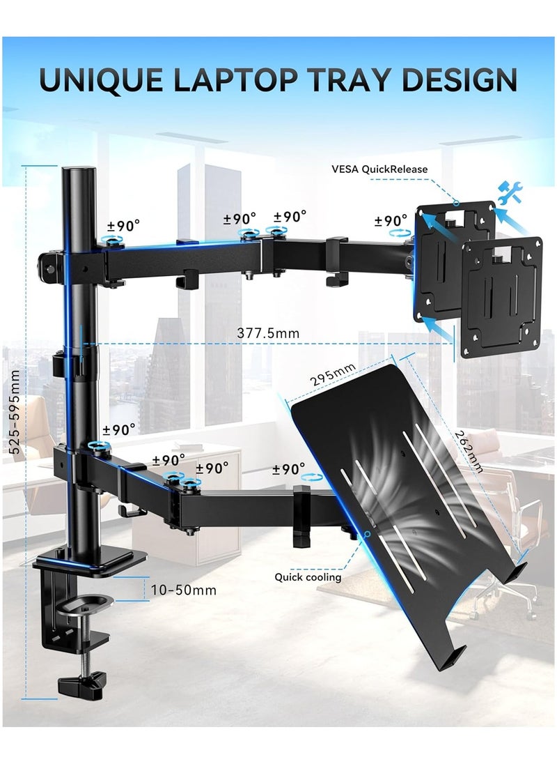 Dual Monitor Arm with Laptop Tray - Dual Monitor Stand with Laptop Holder, Dual Vesa Mount Laptop Arm, Dual Screen Mount for 13-32", 2 Vesa Stand Up to 8Kg for Gaming & Office  - Image 5