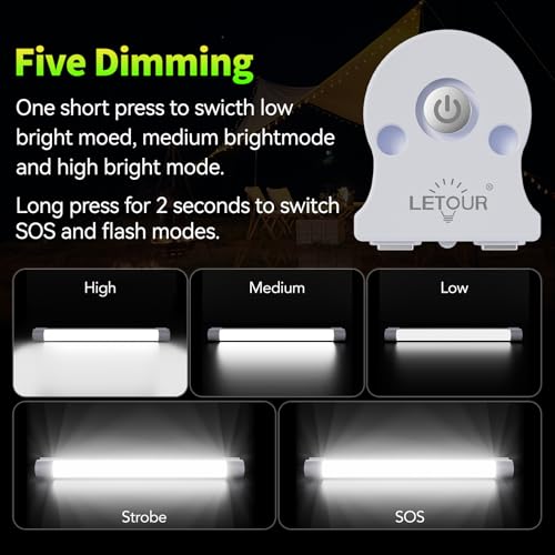 LETOUR Rechargeable Light LED Tube Magnetic Light 4000Lumens 5200mAh 5 Levels Dimming Camping Lantern USB Rechargeable Portable Lights with 2 Magnets Endurance for 60 Hours - Image 4