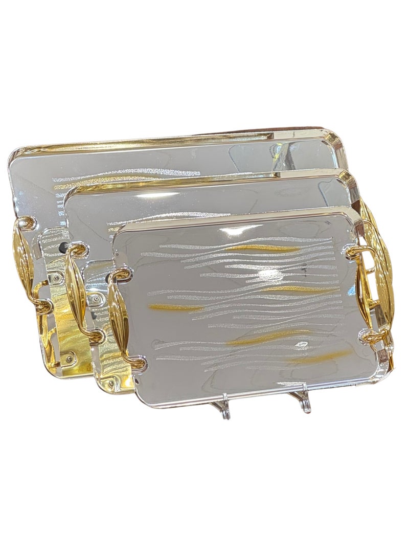 AL-GANNAS Set of Serving Tray 3 Pieces Made of Stainless Steel with Golden Handles, High Quality and Modern Design - Image 1