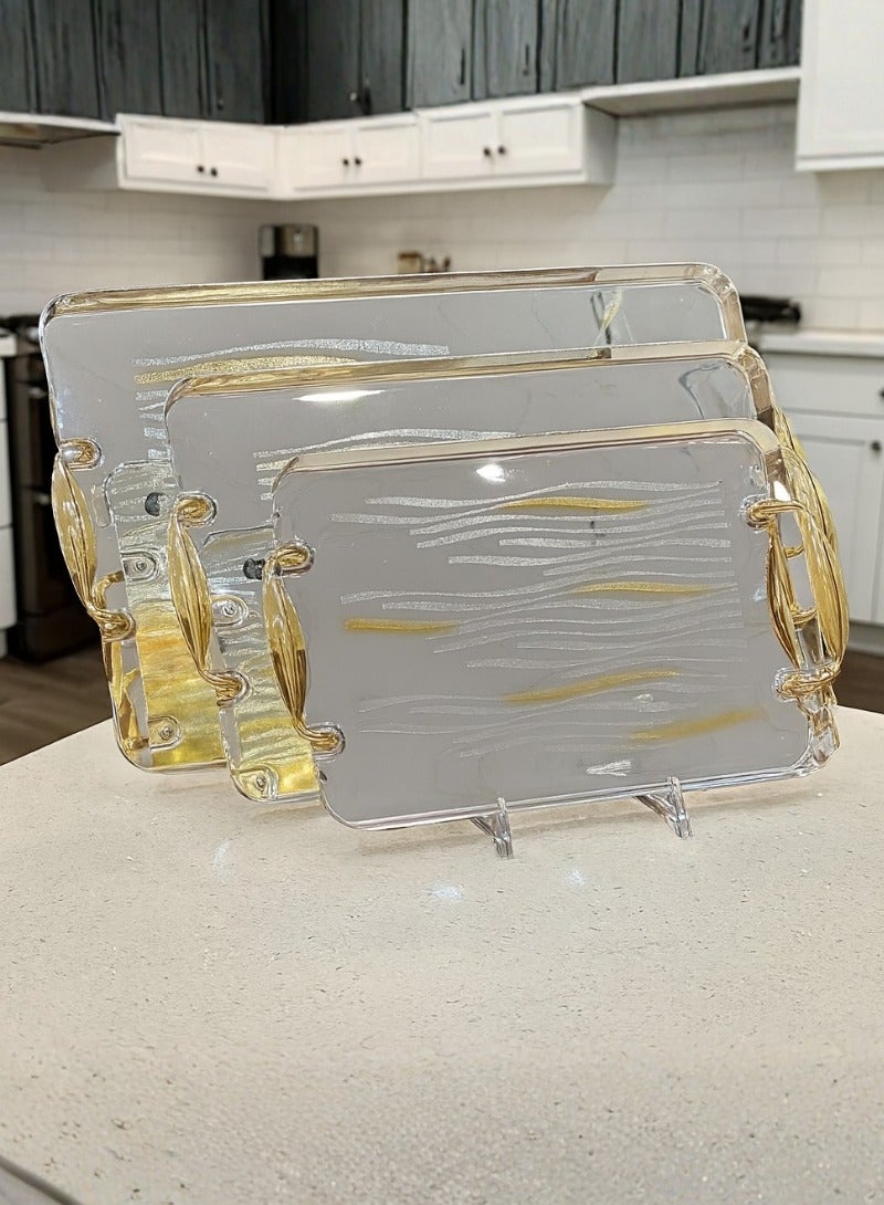 AL-GANNAS Set of Serving Tray 3 Pieces Made of Stainless Steel with Golden Handles, High Quality and Modern Design - Image 3