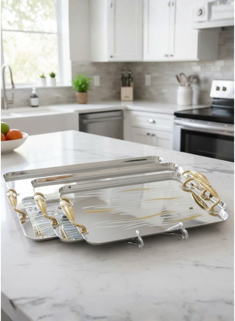 AL-GANNAS Set of Serving Tray 3 Pieces Made of Stainless Steel with Golden Handles, High Quality and Modern Design - Image 4