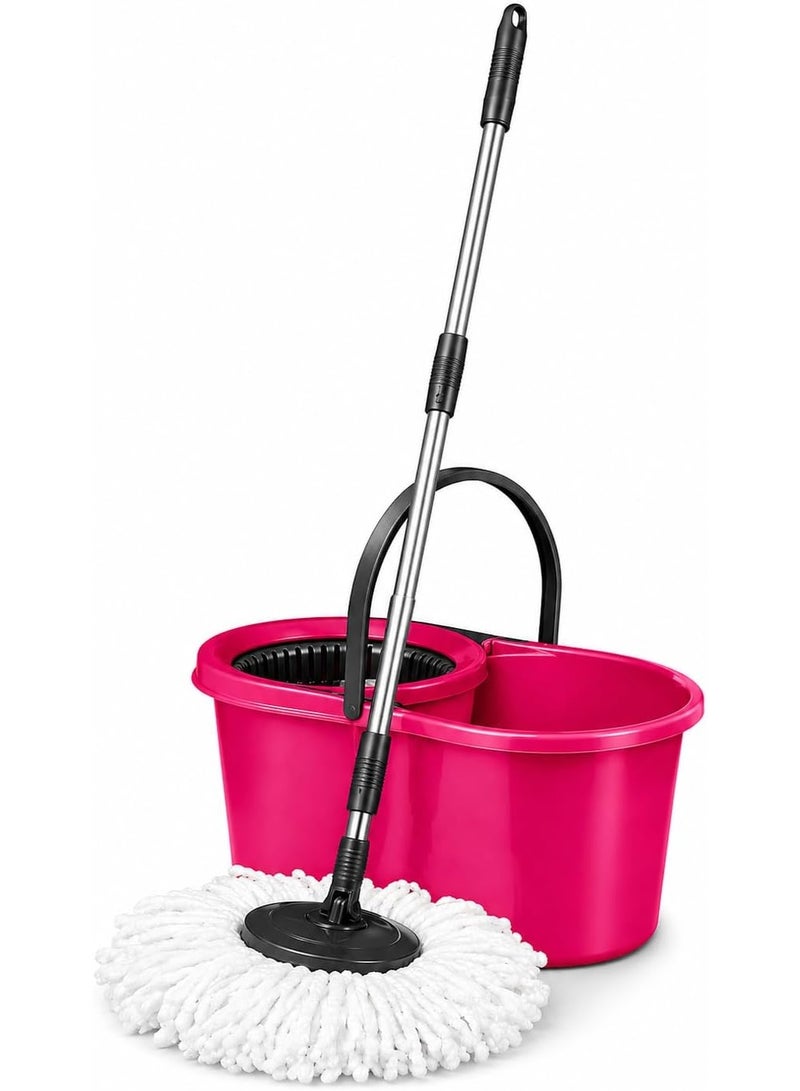 360° Turkish Made Spin Mop with Squeezer Bucket | Microfiber Floor Mop with Adjustable Stick 88-110cm for Ceramic Marble Cleaning (Fuchsia) - Image 4