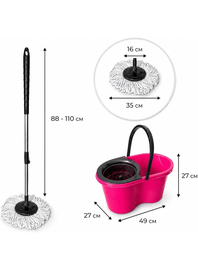 360° Turkish Made Spin Mop with Squeezer Bucket | Microfiber Floor Mop with Adjustable Stick 88-110cm for Ceramic Marble Cleaning (Fuchsia) - Image 3