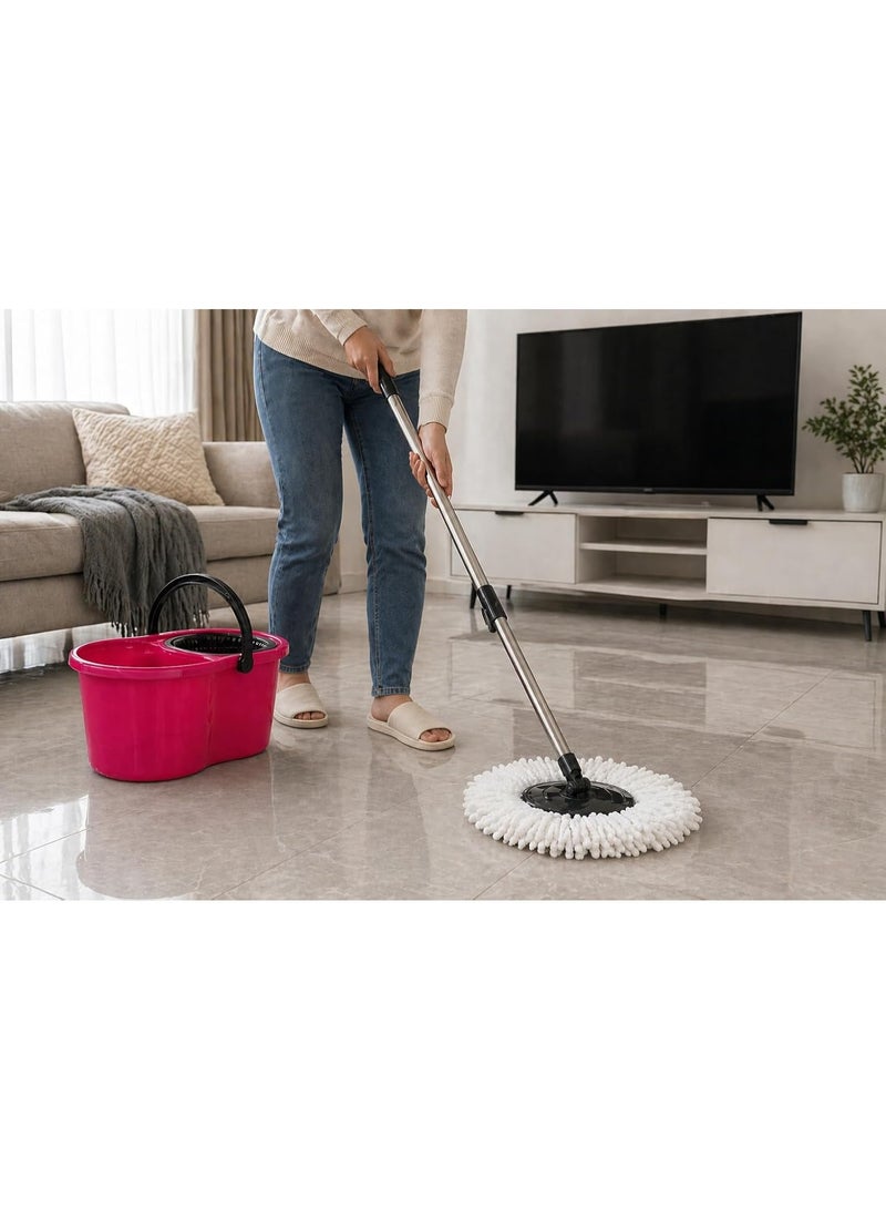 360° Turkish Made Spin Mop with Squeezer Bucket | Microfiber Floor Mop with Adjustable Stick 88-110cm for Ceramic Marble Cleaning (Fuchsia) - Image 2