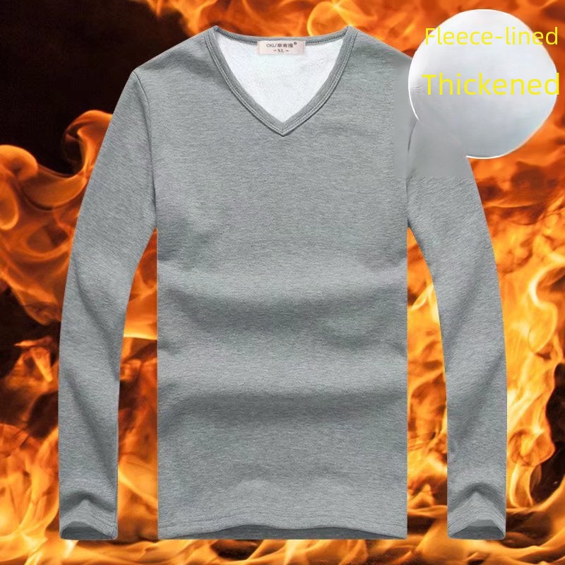 Mens Thickened Fleece Lined V-Neck T-Shirt White V-neck  - Image 5