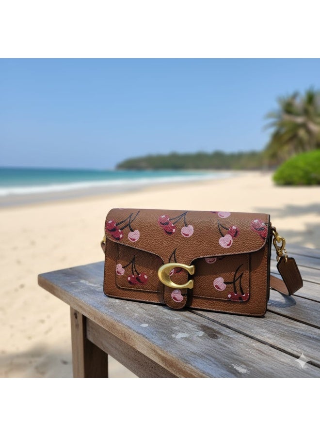 Coachoutlet Tabby Satchel Bag, Cherry Design, Gold Hardware with long belt strap