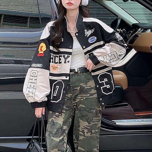 POHADON Varsity Jacket for Women Patchwork Long Sleeve Racing Bomber Letterman Jackets Color Block Y2k Vintage Streetwear (Black,S) - Image 3