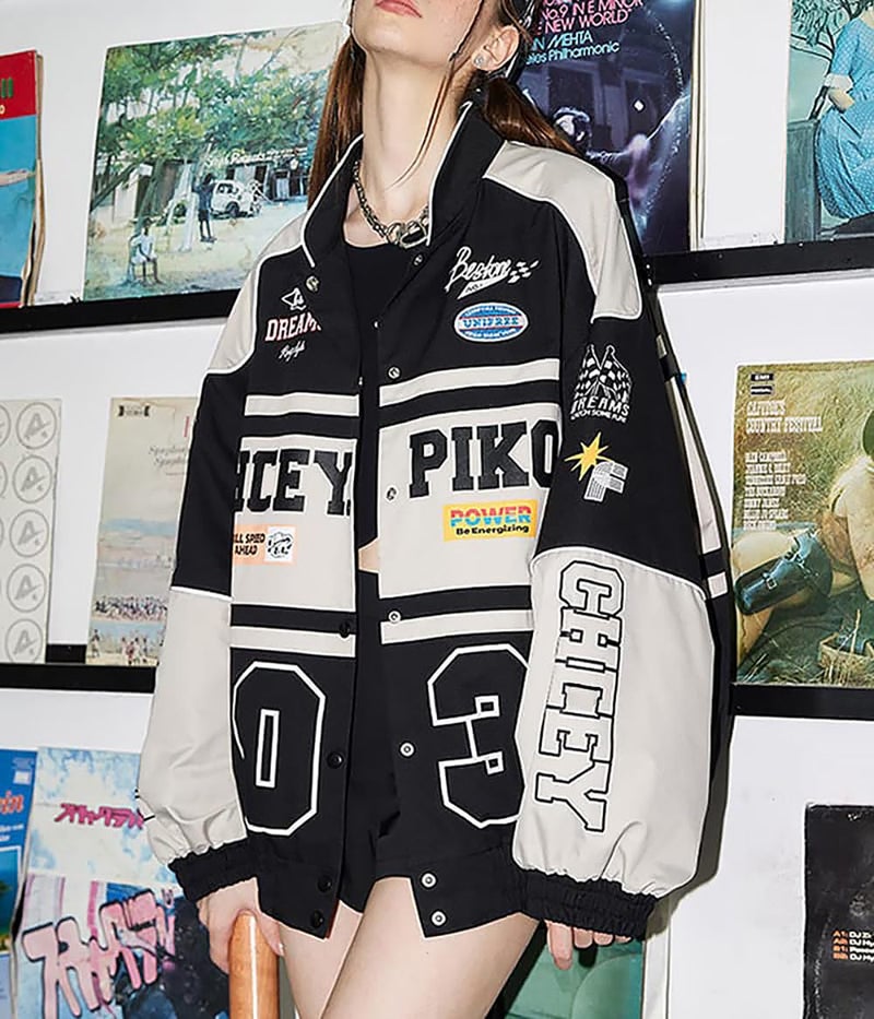 POHADON Varsity Jacket for Women Patchwork Long Sleeve Racing Bomber Letterman Jackets Color Block Y2k Vintage Streetwear (Black,S) - Image 5