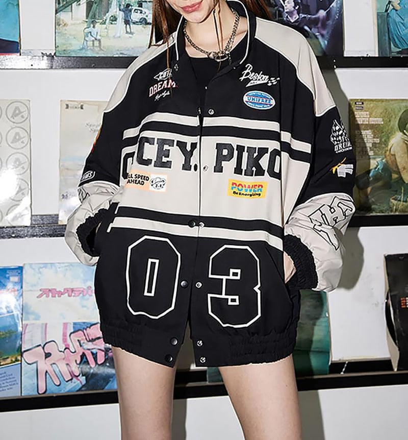 POHADON Varsity Jacket for Women Patchwork Long Sleeve Racing Bomber Letterman Jackets Color Block Y2k Vintage Streetwear (Black,S) - Image 4