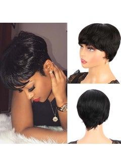 Sharopul Cheap Short Pixie Human Hair Wig For Women Remy Natural Black Color Wavy Light Weight Glueless Short Pixie Cut Can be Restyle Hair Wig black 